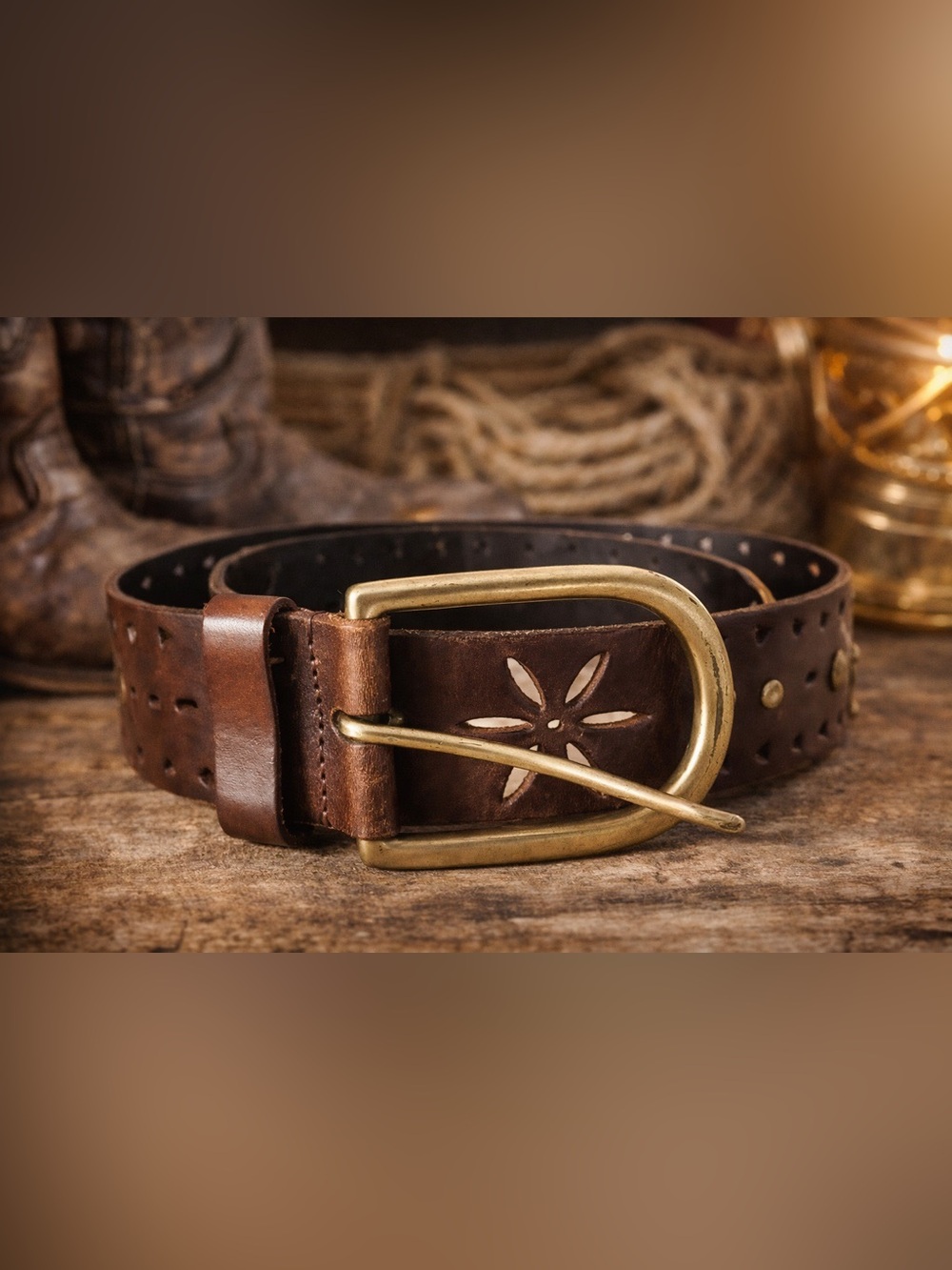 Aldo Brown Leather Belt with Gold Buckle Rustic Boho Cowgirl Medium